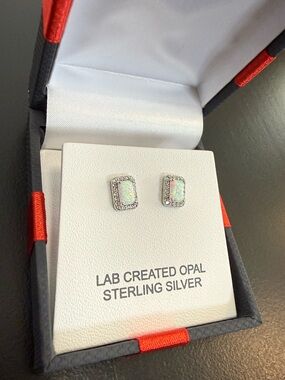 Sterling Silver Lab Created Opal Halo Stud Earrings - White Opal NIB